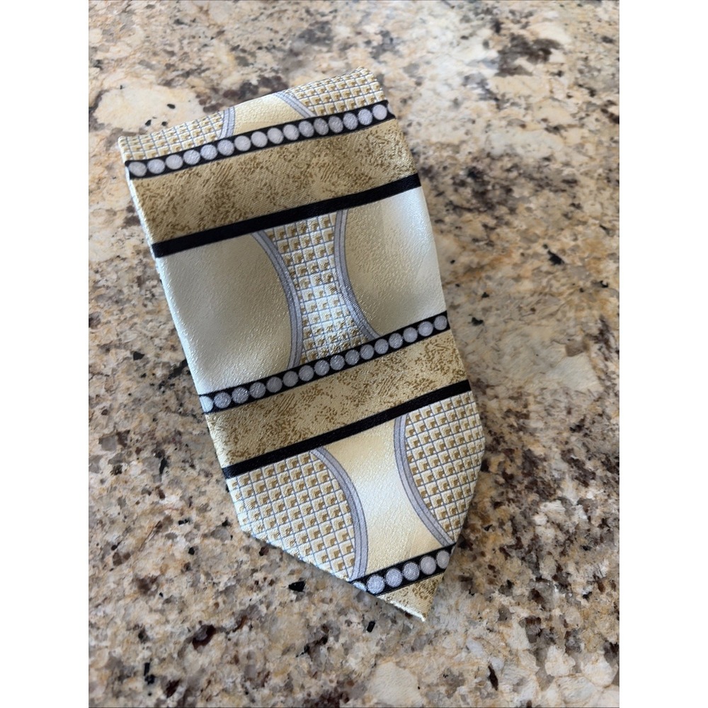 Fratello Hand Made Geometric Abstract Mens Tie Size OS Gold Cream Black Tie